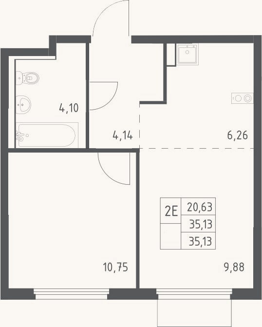 Планировка: 2-к, 35,1 м²