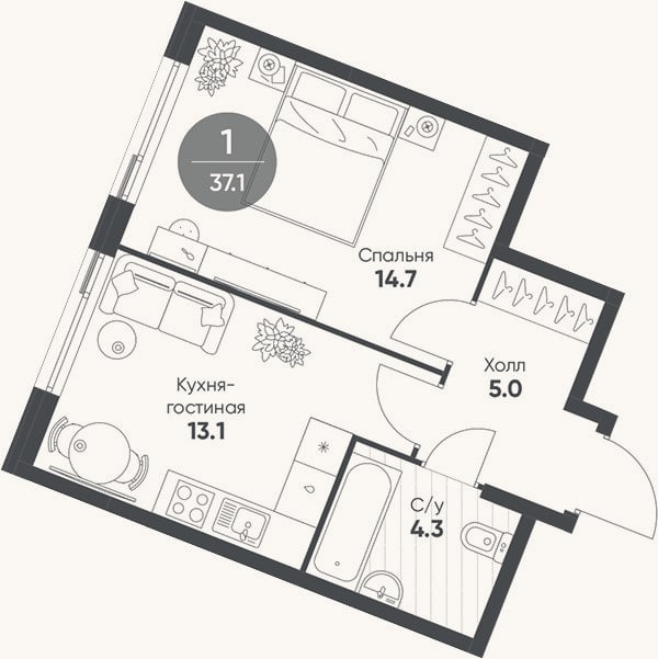 Планировка: 2-к, 37,1 м²