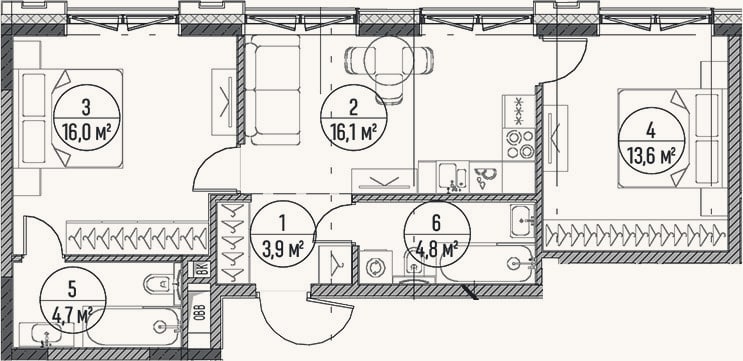 Планировка: 3-к, 59,1 м²