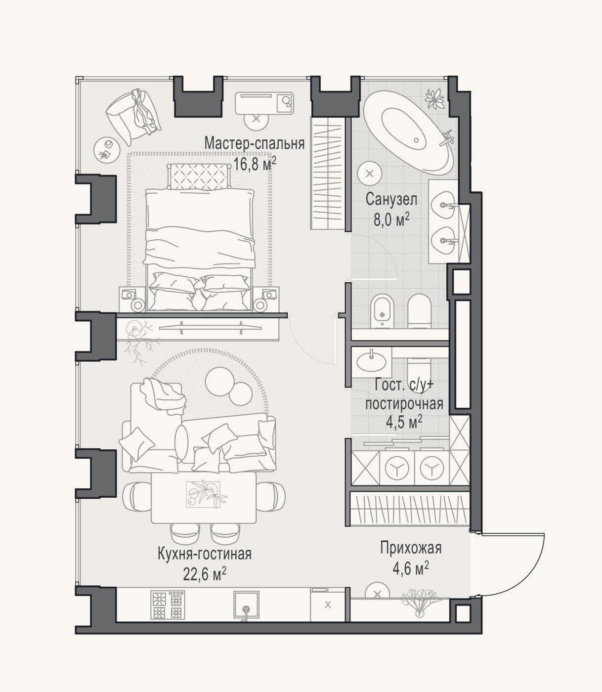 Планировка: 2-к, 56,9 м²