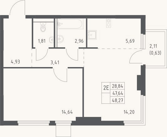 Планировка: 2-к, 47,6 м²