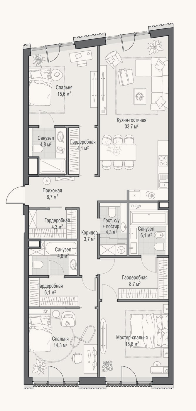 Планировка: 4+ к, 133 м²