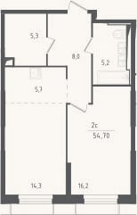 Планировка: 2-к, 54,7 м²