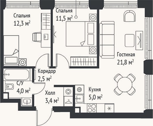 Планировка: 3-к, 60,5 м²