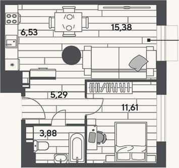 Планировка: 2-к, 42,7 м²