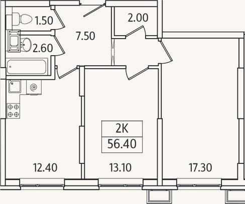 Планировка: 2-к, 56,4 м²