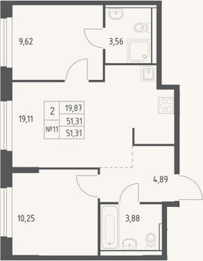 Планировка: 3-к, 51,3 м²