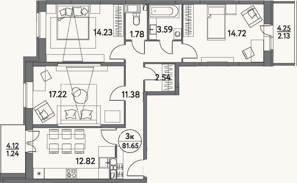 Планировка: 3-к, 78,3 м²