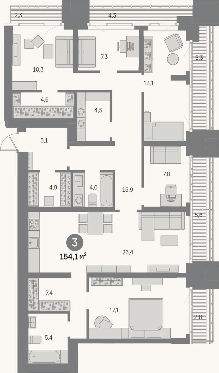 Планировка: 4+ к, 133,8 м²