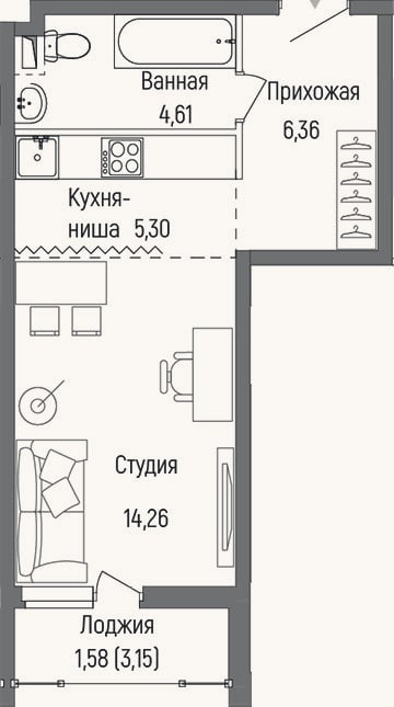 Планировка: Студия, 30,5 м²