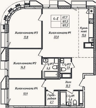 Планировка: 4+ к, 107,2 м²