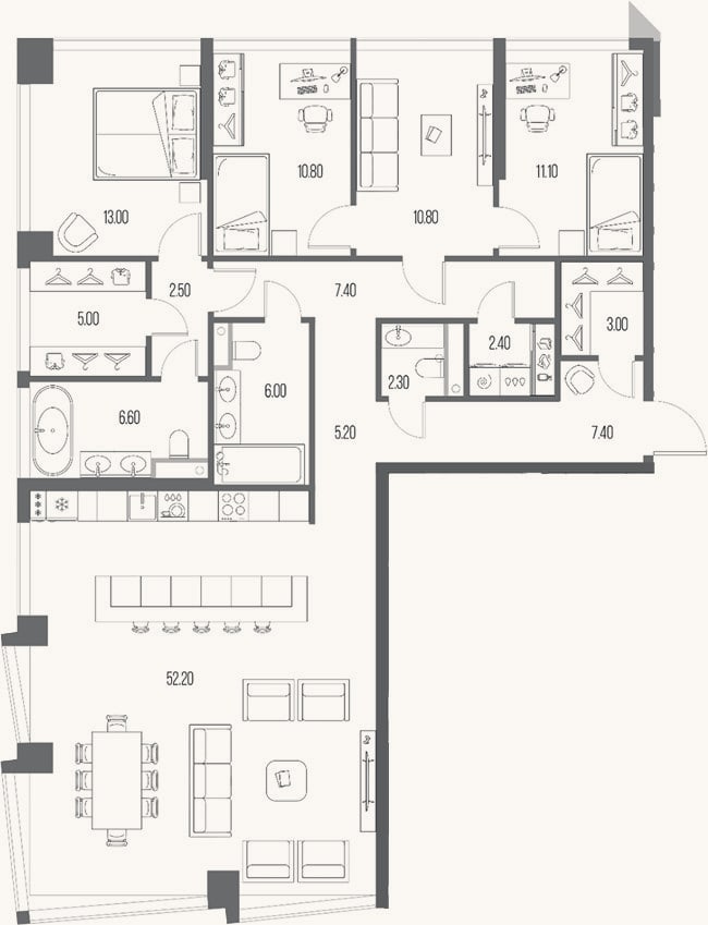 Планировка: 3-к, 145,7 м²