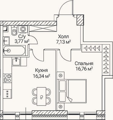 Планировка: 1-к, 44 м²