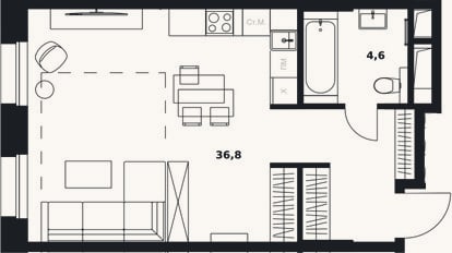 Планировка: Студия, 41,4 м²