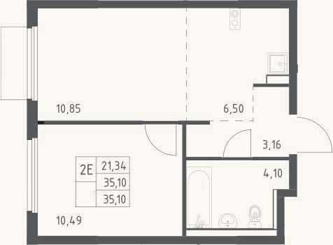Планировка: 2-к, 35,1 м²