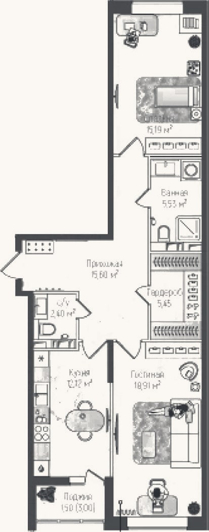Планировка: 2-к, 75,2 м²