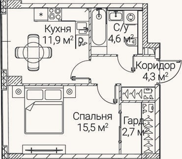 Планировка: 1-к, 39 м²