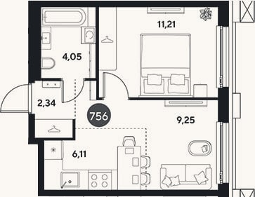 Планировка: 2-к, 33 м²