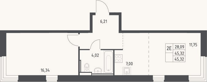Планировка: 2-к, 45,3 м²