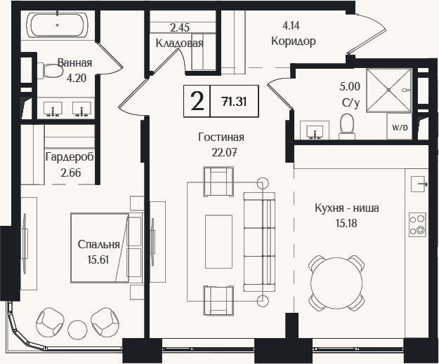 Планировка: 2-к, 71,3 м²