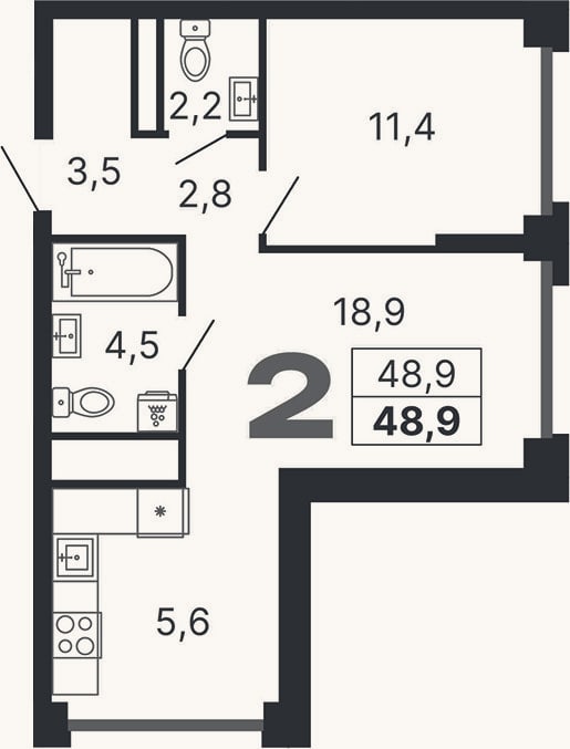 Планировка: 2-к, 48,9 м²