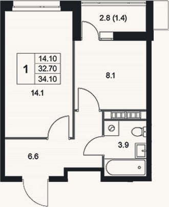 Планировка: 1-к, 32,7 м²