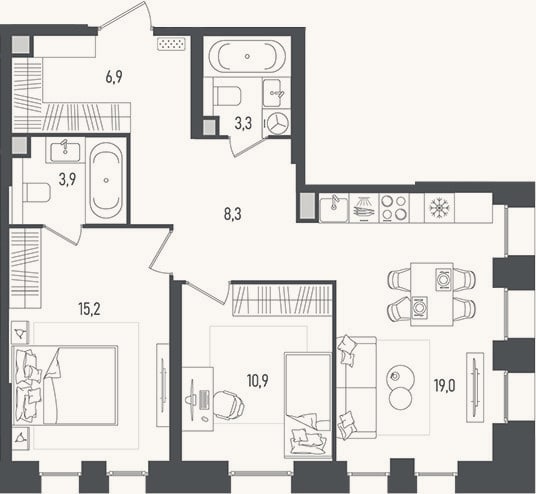 Планировка: 3-к, 67,5 м²