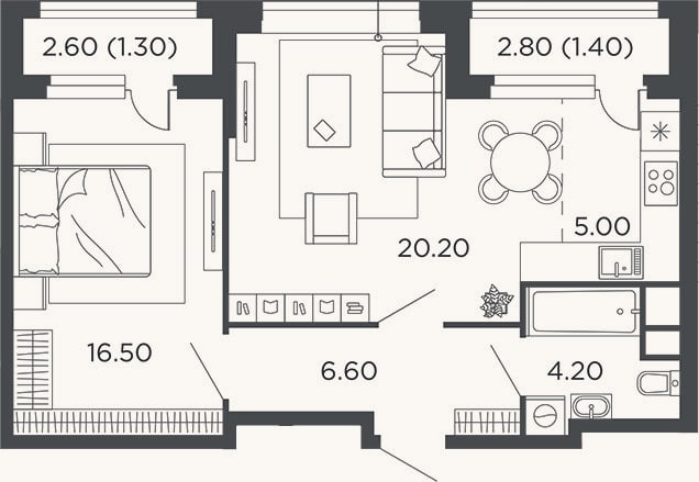 Планировка: 2-к, 52,5 м²