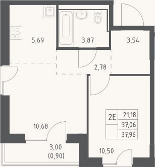 Планировка: 2-к, 37,1 м²