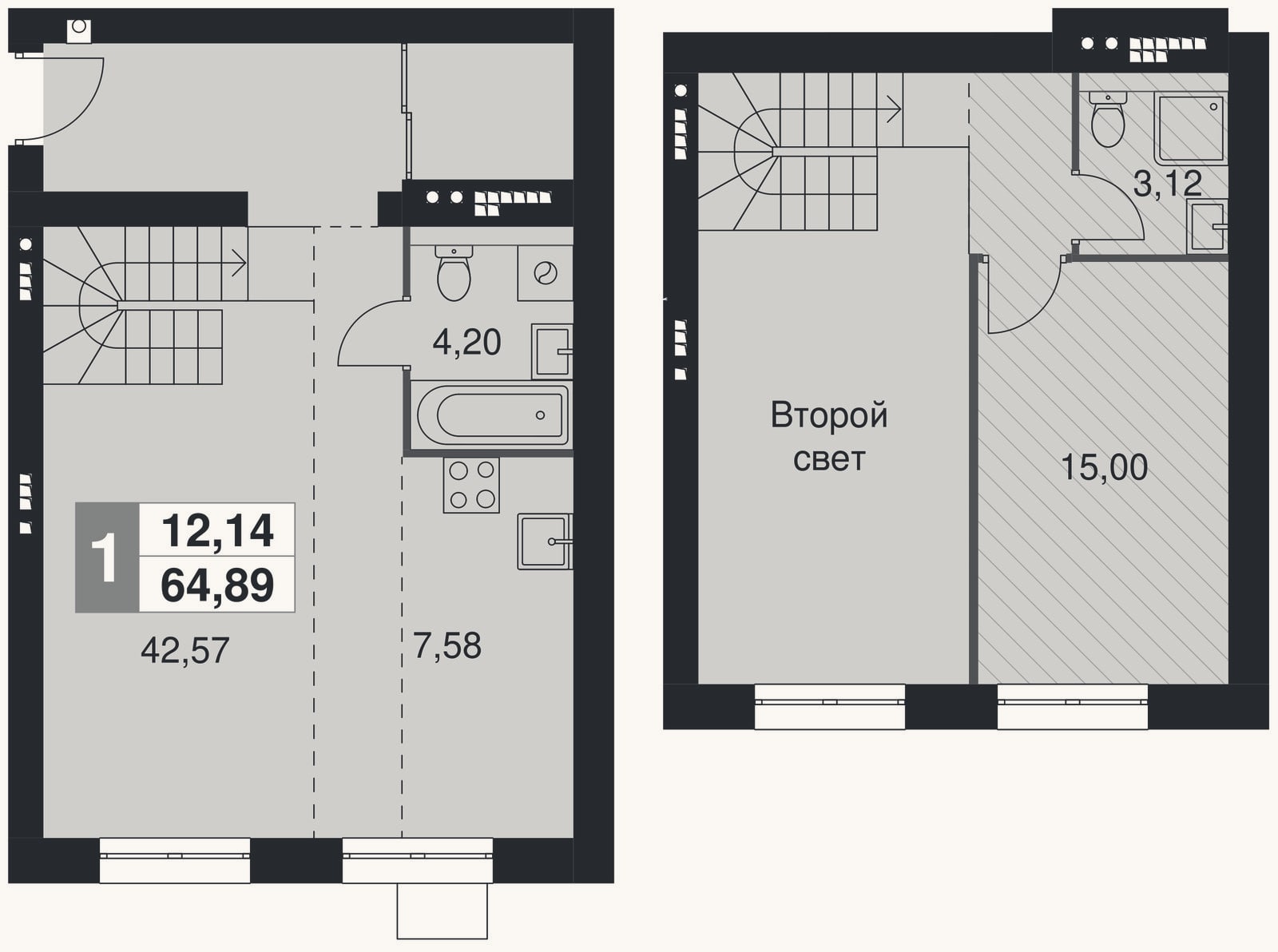 Планировка: 2-к, 64,9 м²