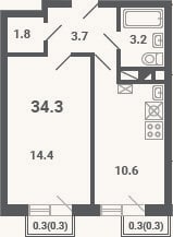 Планировка: 1-к, 33,7 м²