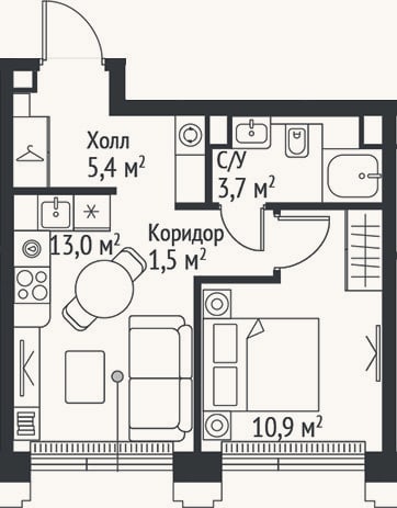 Планировка: 1-к, 34,5 м²