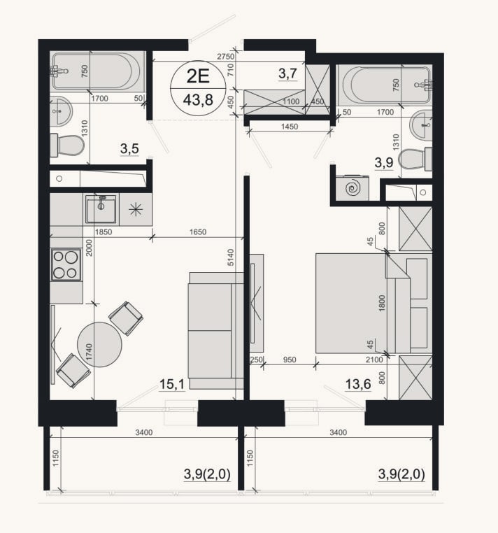 Планировка: 2-к, 39,8 м²