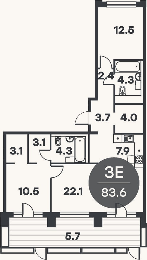 Планировка: 3-к, 83,6 м²