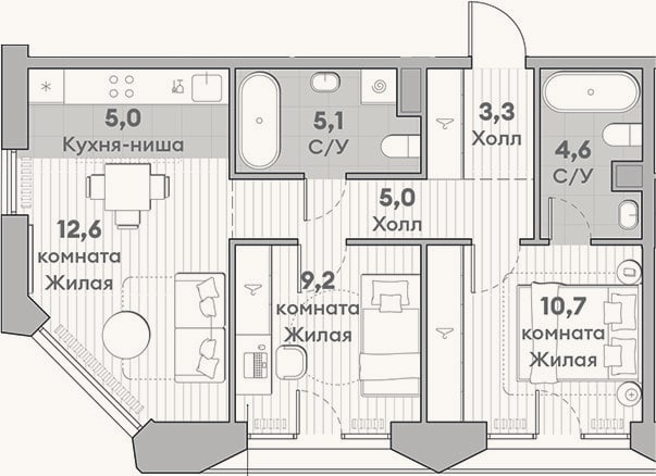Планировка: 3-к, 55,5 м²