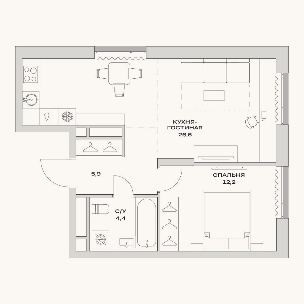 Планировка: 2-к, 49,1 м²