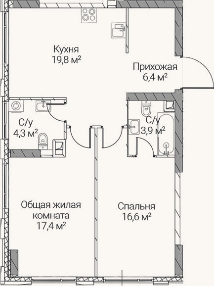 Планировка: 2-к, 68,4 м²