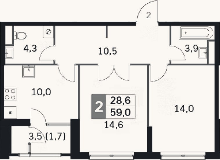 Планировка: 2-к, 55,1 м²