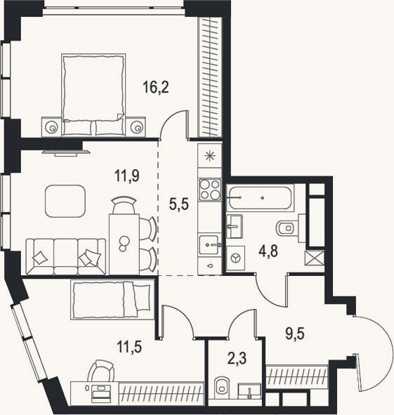 Планировка: 3-к, 61,7 м²