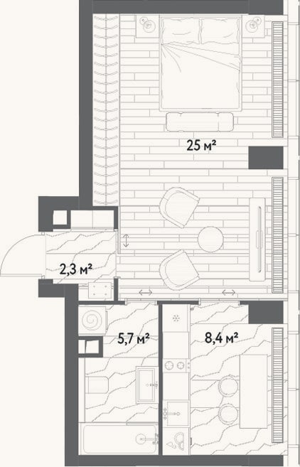 Планировка: 1-к, 41,4 м²
