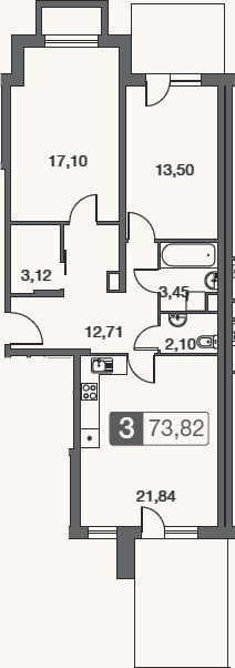 Планировка: 3-к, 73,8 м²