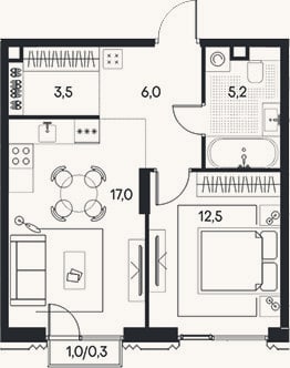 Планировка: 2-к, 44,2 м²