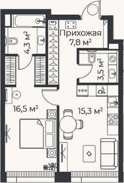 Планировка: 1-к, 47,4 м²