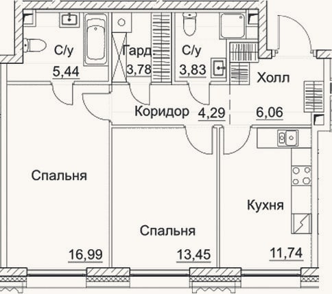 Планировка: 2-к, 65,6 м²