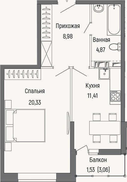 Планировка: 1-к, 45,6 м²