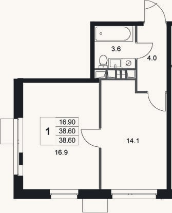 Планировка: 1-к, 38,6 м²