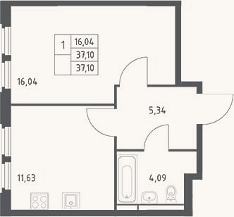 Планировка: 1-к, 37,1 м²