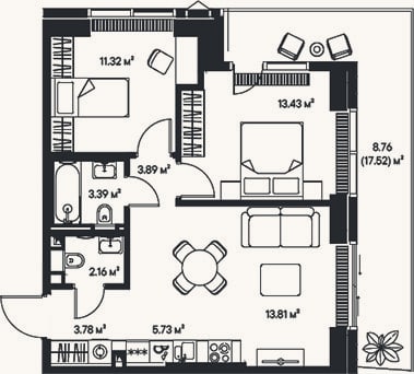 Планировка: 3-к, 57,5 м²