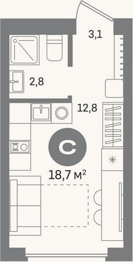 Планировка: Студия, 18,7 м²