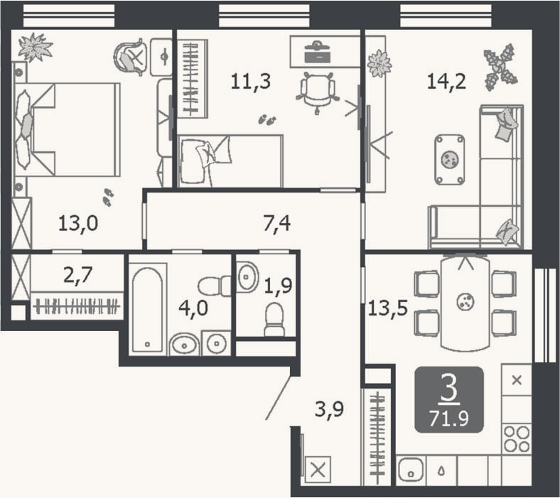 Планировка: 3-к, 71,9 м²